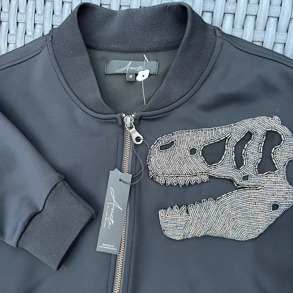 New Arieta Bomber Women Black Beaded Dinosaur Skull Athleisure Sz M Grunge NWT - Picture 14 of 17